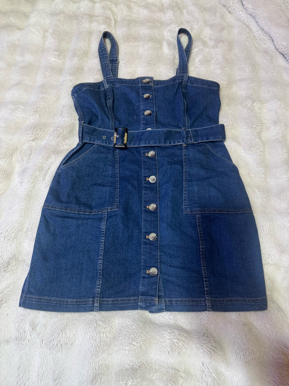 Divided Dark Blue Denim Button-Front Pinafore with Belted Waist